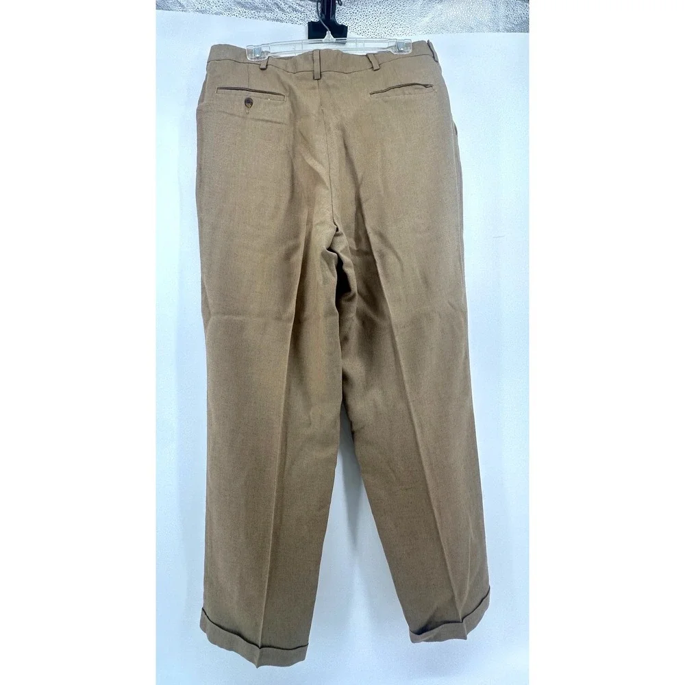 Mens Pleated Linen Blend Dress Pants Khaki Tan Cuffed Trousers 38x30 Teflon